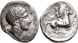 THESSALY. Pharsalos. Late 5th-mid 4th century BC. Drachm (Silver, 20 mm, 5.98 g, 7 h), signed by Telephantos. Head of Athena to right, wearing crested...