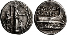 AKARNANIA. Leukas. Circa 167-100 BC. Stater (Silver, 23 mm, 8.26 g, 1 h), Leon, magistrate. Statue of Aphrodite Aineias standing right, holding aphlas...
