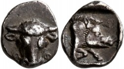 PHOKIS, Federal Coinage. Circa 449-447. Obol (Silver, 10 mm, 0.94 g, 11 h). O-Φ Frontal bull’s head. Rev. Forepart of a boar to right within incuse sq...