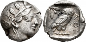 ATTICA. Athens. Circa late 450s-440s BC. Tetradrachm (Silver, 24 mm, 16.88 g, 2 h). Head of Athena to right, wearing crested Attic helmet decorated wi...