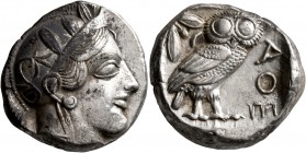 ATTICA. Athens. Circa 440s-430s BC. Tetradrachm (Silver, 23 mm, 17.19 g, 1 h). Head of Athena to right, wearing crested Attic helmet decorated with th...