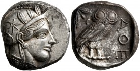 ATTICA. Athens. Circa 430s BC. Tetradrachm (Silver, 22 mm, 17.17 g, 7 h). Head of Athena to right, wearing crested Attic helmet decorated with three o...