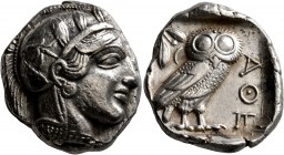 ATTICA. Athens. Circa 430s-420s BC. Tetradrachm (Silver, 24 mm, 17.10 g, 7 h). Head of Athena to right, wearing crested Attic helmet decorated with th...