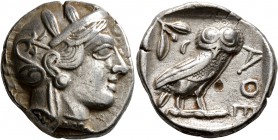 ATTICA. Athens. Circa 430s-420s BC. Tetradrachm (Silver, 24 mm, 16.84 g, 9 h). Head of Athena to right, wrearing crested Attic helmet decorated with t...