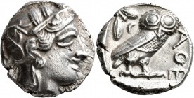 ATTICA. Athens. Circa 420s-404 BC. Tetradrachm (Silver, 24 mm, 16.97 g, 9 h). Head of Athena to right, wrearing crested Attic helmet decorated with th...