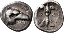 ELIS. Olympia. 97th-100th Olympiad , 392-380 BC. Hemidrachm (Silver, 15 mm, 2.82 g, 2 h), signed by Polykaon. Head of an eagle to right; below, ΠO; ab...