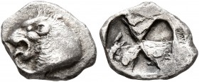 ARGOLIS. Kleonai. Late 6th century BC. 1/12 Stater (Silver, 11 mm, 1.09 g). Forepart of a roaring lion to left. Rev. Incuse square of mill-sail form, ...