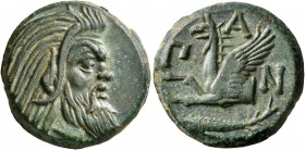 CIMMERIAN BOSPOROS. Pantikapaion. Circa 310-304/3 BC. AE (Bronze, 21 mm, 7.68 g, 12 h). Bearded head of Satyr to right. Rev. Π-A-N Forepart of griffin...
