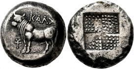 BITHYNIA. Kalchedon. Circa 367/6-340 BC. Tetradrachm (Silver, 22 mm, 14.98 g), Rhodian standard. KAΛX Bull standing left on grain ear; before, monogra...