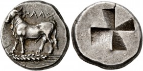 BITHYNIA. Kalchedon. Circa 340-320 BC. Siglos (Silver, 16 mm, 5.30 g), Persic standard. KAΛX Bull standing left on grain ear. Rev. Quadripartite incus...