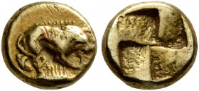 MYSIA. Kyzikos. Circa 500-450 BC. Myshemihekte – 1/24 Stater (Electrum, 7 mm, 0.64 g). Lion to right, gnawing on leg of prey; below, tunny to right. R...
