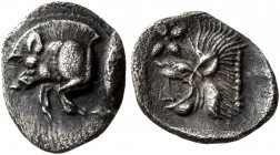 MYSIA. Kyzikos. Circa 450-400 BC. Hemiobol (Silver, 9 mm, 0.39 g, 2 h). Forepart of a boar to left; behind, tunny. Rev. Head of a lion to left; above ...