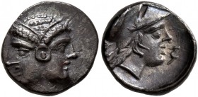 MYSIA. Lampsakos. 4th-3rd century BC. Diobol (Silver, 12 mm, 1.29 g, 1 h). Janiform female head. Rev. ΛAM Head of Athena to right, wearing Corinthian ...