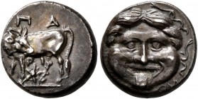 MYSIA. Parion. 4th century BC. Hemidrachm (Silver, 13 mm, 2.41 g, 12 h). ΠΑ/ΡΙ Bull standing left, head turned back to right, on ground line with star...