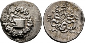 MYSIA. Pergamon. Circa 166-67 BC. Cistophorus (Silver, 26 mm, 12.51 g, 1 h), circa 104-98. Cista mystica from which snake coils; around, ivy wreath wi...