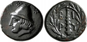 TROAS. Birytis. Circa 350-300 BC. Trichalkon (Bronze, 18 mm, 5.31 g, 12 h). Head of Kabeiros to left, wearing pileos; above, two stars. Rev. B-I/P-Y C...