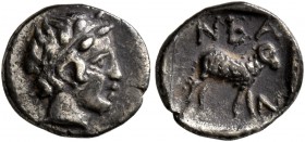 TROAS. Neandria. 4th century BC. Obol (Silver, 9 mm, 0.57 g, 1 h). Laureate head of Apollo to right. Rev. NEAN Ram standing right; all within incuse s...