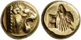 LESBOS. Mytilene. Circa 521-478 BC. Hekte (Electrum, 9 mm, 2.56 g, 7 h). Head of a roaring lion to right. Rev. Incuse head of a calf to right. Bodenst...