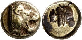 LESBOS. Mytilene. Circa 521-478 BC. Hekte (Electrum, 10 mm, 2.52 g, 2 h). Head of a roaring lion to right. Rev. Incuse head of a calf to right. Bodens...