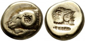LESBOS. Mytilene. Circa 521-478 BC. Hekte (Electrum, 11 mm, 2.44 g, 3 h). Head of a ram to left; below, rooster standing right, pecking at the ground....