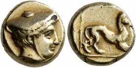 LESBOS. Mytilene. Circa 377-326 BC. Hekte (Electrum, 10 mm, 2.55 g, 9 h). Head of Hermes to right, wearing petasos. Rev. Panther walking right within ...