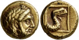 LESBOS. Mytilene. Circa 377-326 BC. Hekte (Electrum, 10 mm, 2.55 g, 1 h). Laureate head of Zeus to right. Rev. Forepart of serpent to right within lin...
