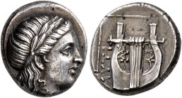 LESBOS. Mytilene. Circa 350-250 BC. Triobol (Silver, 13 mm, 2.75 g, 11 h). Laureate head of Apollo to right. Rev. MYTI Kithara; all within linear squa...