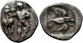 IONIA. Magnesia ad Maeandrum. Circa 465-400 BC. Tetrobol (Silver, 15 mm, 2.14 g, 3 h). Male figure standing front, head to left, leading with his righ...