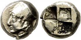 IONIA. Phokaia. Circa 521-478 BC. Hekte (Electrum, 10 mm, 2.52 g). Head of Athena to left, wearing crested Corinthian helmet; behind, [seal upward]. R...