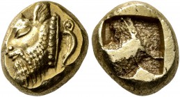 IONIA. Phokaia. Circa 521-478 BC. Hekte (Electrum, 10 mm, 2.57 g). Head of a river-god, in the form of a horned man-headed bull, to left; behind, seal...