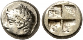 IONIA. Phokaia. Circa 478-387 BC. Hekte (Electrum, 10 mm, 2.46 g). Head of youthful male to left, wearing tainia; to right, [seal downward]. Rev. Quad...