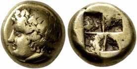 IONIA. Phokaia. Circa 478-387 BC. Hekte (Electrum, 9 mm, 2.49 g). Head of Dionysos to left, wearing wreath of ivy; behind, small seal downward. Rev. Q...