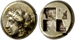 IONIA. Phokaia. Circa 478-387 BC. Hekte (Electrum, 11 mm, 2.49 g, 2 h). Head of a nymph to left, hair in sakkos; behind, [seal downward]. Rev. Quadrip...