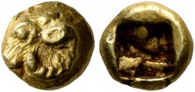 IONIA. Uncertain. Circa 600-550 BC. Myshemihekte – 1/24 Stater (Electrum, 6 mm, 0.68 g). Head of a ram to left. Rev. Quadripartite incuse square. BMC ...