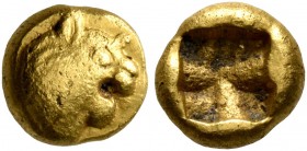 IONIA. Uncertain. Circa 600-550 BC. Hemihekte – 1/12 Stater (Gold, 7 mm, 1.15 g), Lydo-Milesian standard. Head of a roaring lion to right, 'sun' with ...