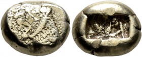 KINGS OF LYDIA. Alyattes II, circa 610-560 BC. Trite (Electrum, 12 mm, 4.64 g), Sardes. Head of a roaring lion to left with sun and rays on its forehe...