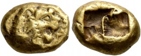 KINGS OF LYDIA. Alyattes II, circa 610-560 BC. Hekte (Electrum, 10 mm, 2.36 g), Sardes. 'walwe' (in Lydian) Head of a lion with sun and rays on its fo...