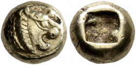 KINGS OF LYDIA. Alyattes II to Kroisos, circa 610-546 BC. Hemihekte – 1/12 Stater (Electrum, 8 mm, 1.20 g), Sardes. Head of lion with sun and rays on ...