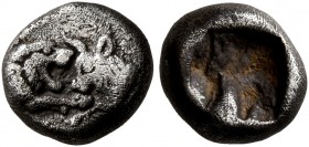 KINGS OF LYDIA. Kroisos, circa 560-546 BC. 1/12 Stater (Silver, 8 mm, 0.82 g), Sardes. Confronted foreparts of lion and bull. Rev. Rough incuse square...