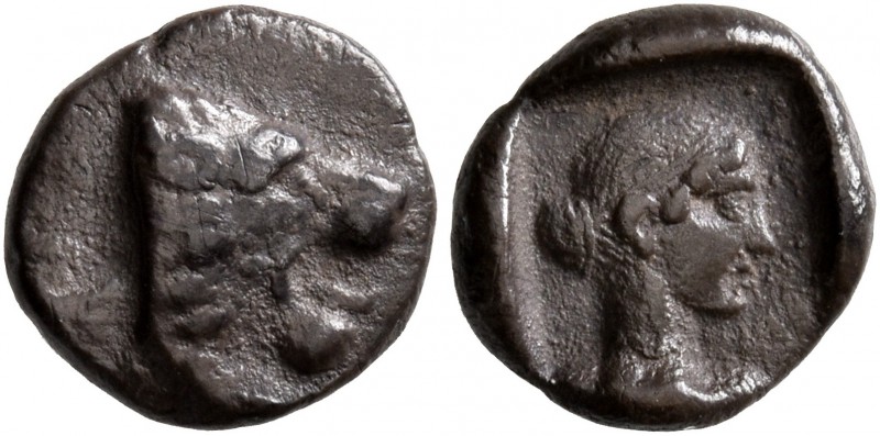CARIA. Knidos. Circa 411-405/4 BC. Obol (Silver, 9 mm, 0.83 g, 3 h). Forepart of...