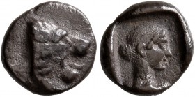 CARIA. Knidos. Circa 411-405/4 BC. Obol (Silver, 9 mm, 0.83 g, 3 h). Forepart of a roaring lion to right. Rev. Head of Aphrodite to right, her hair bo...