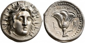 ISLANDS OFF CARIA, Rhodos. Rhodes. Circa 305-275 BC. Didrachm (Silver, 21 mm, 6.46 g, 12 h). Radiate head of Helios facing slightly to right. Rev. POΔ...