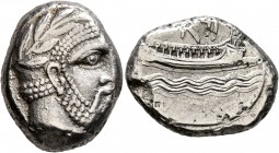 PHOENICIA. Arados. Circa 348/7-339/8 BC. Stater (Silver, 22 mm, 10.72 g, 9 h). Head of Ba’al-Arwad to right, wearing laurel wreath. Rev. Galley right ...
