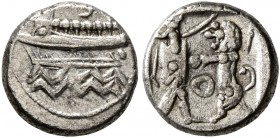 PHOENICIA. Sidon. Baalshallim II , circa 401-366 BC. 1/16 Shekel (Silver, 9 mm, 0.65 g, 1 h). Phoenician galley left; Phoenician B above, waves below....