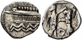 PHOENICIA. Sidon. Baalshallim II , circa 401-366 BC. 1/16 Shekel (Silver, 10 mm, 0.78 g, 3 h). Phoenician galley left; Phoenician B above, waves below...
