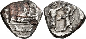 PHOENICIA. Tyre. Time of Baalshallim I-Ba’ana , circa 425-402 BC. Half Shekel (Subaeratus, 21 mm, 5.23 g, 12 h). Phoenician pentekonter left before ci...