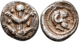 KYRENAICA. Barce. Circa 480-435 BC. Drachm (Silver, 15 mm, 3.26 g, 12 h), Asiatic standard. Silphium plant with fruits. Rev. BAP Head of Zeus-Ammon to...