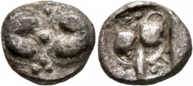 KYRENAICA. Kyrene. Circa 500-480 BC. Drachm (Silver, 13 mm, 2.45 g), Asiatic standard. Two silphium fruits back to back with central pellet and four p...