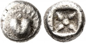 KYRENAICA. Kyrene. Circa 500-480 BC. Obol (Silver, 7 mm, 0.75 g), Attic standard. Silphium fruit. Rev. Four rayed star with a pellet at the center. BM...