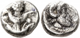 KYRENAICA. Kyrene. Circa 480-435 BC. Diobol (Silver, 10 mm, 1.56 g, 7 h), Asiatic standard. Silphium plant with fruits. Rev. Bearded head of Zeus-Ammo...